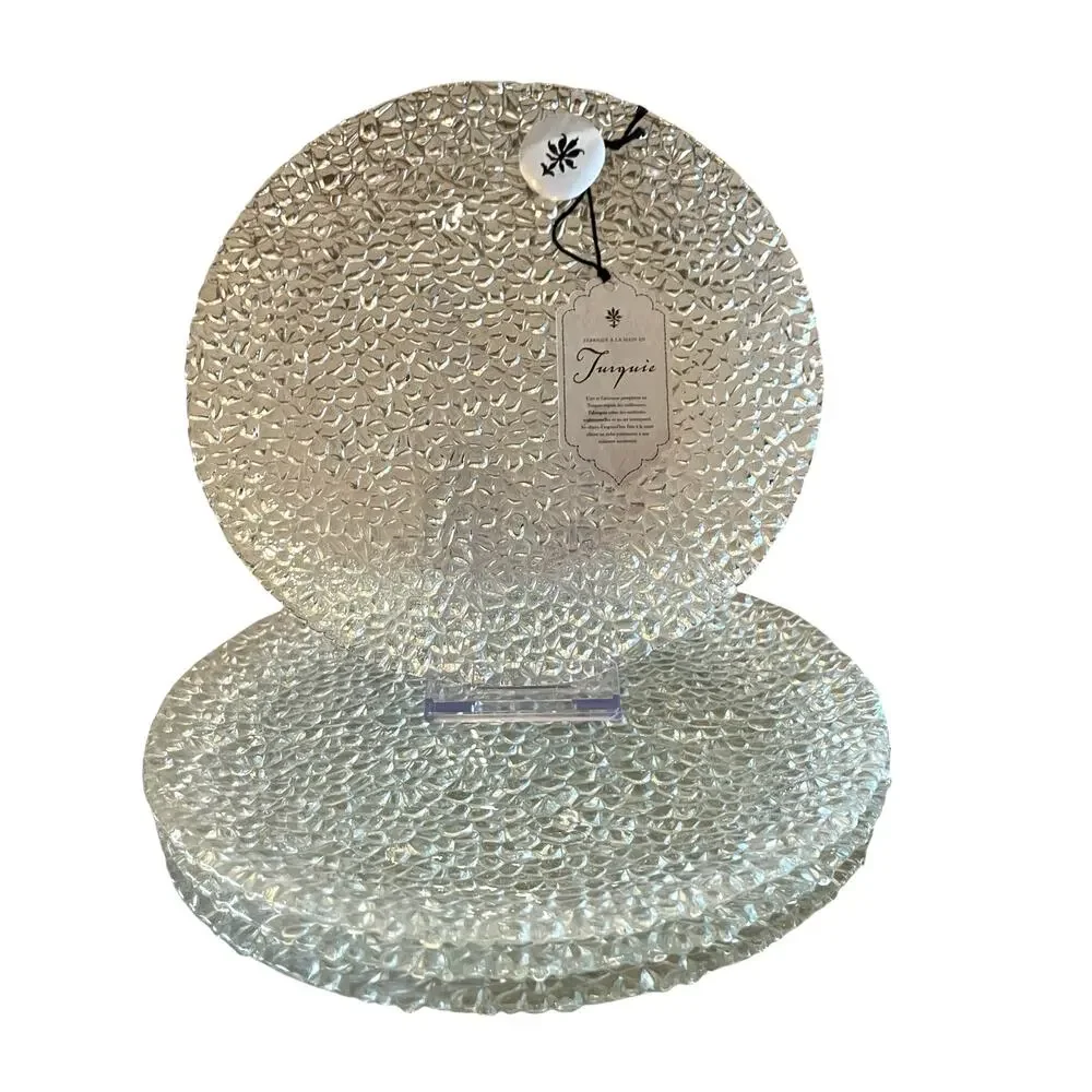Akcam Turkish Glass 8in Appetizer | Dessert Plate Set of 4 Clear Frosted NEW